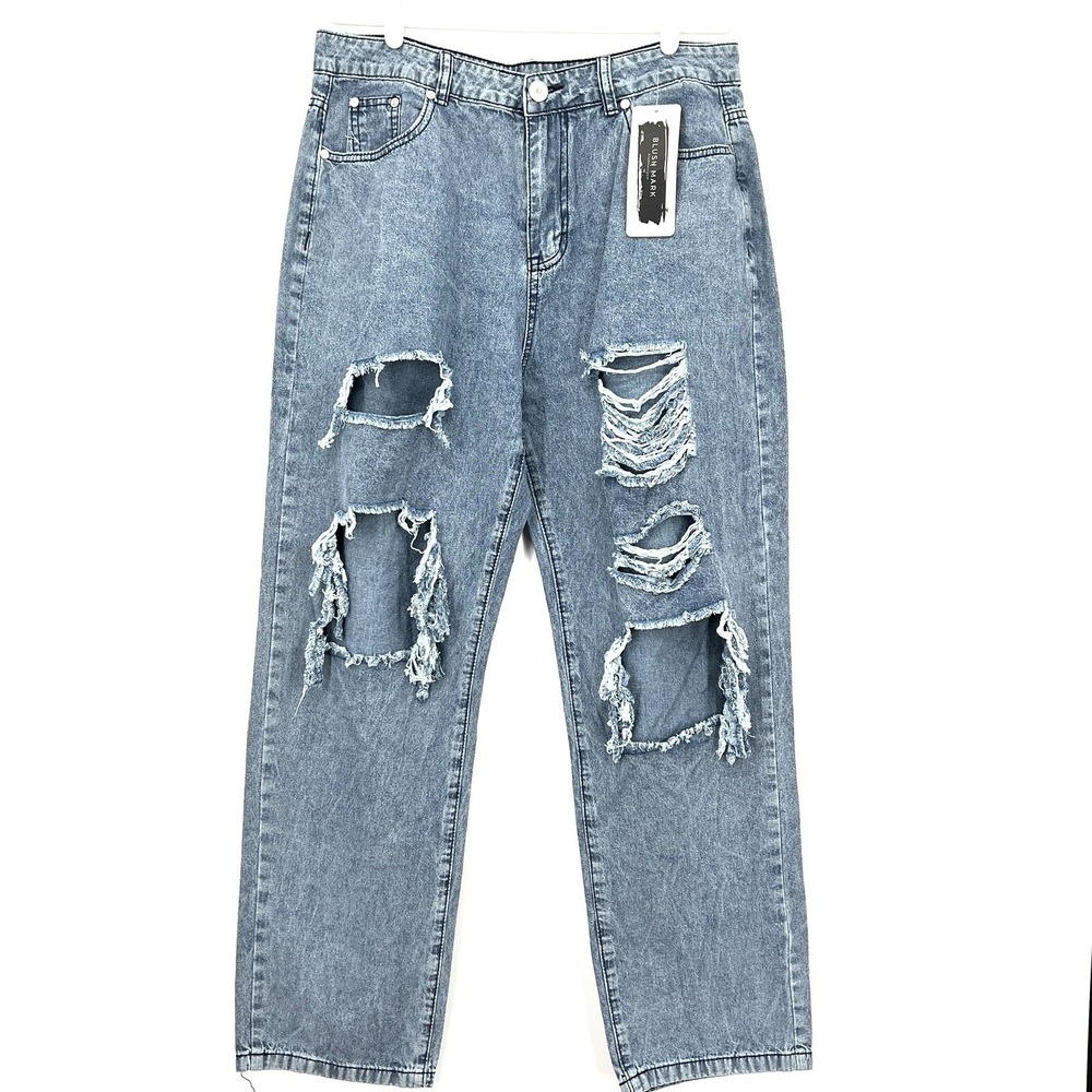 NWT Blush Mark Women's Ripped High Rise Tapered Camille Blue Jeans Sz XL W32 in
